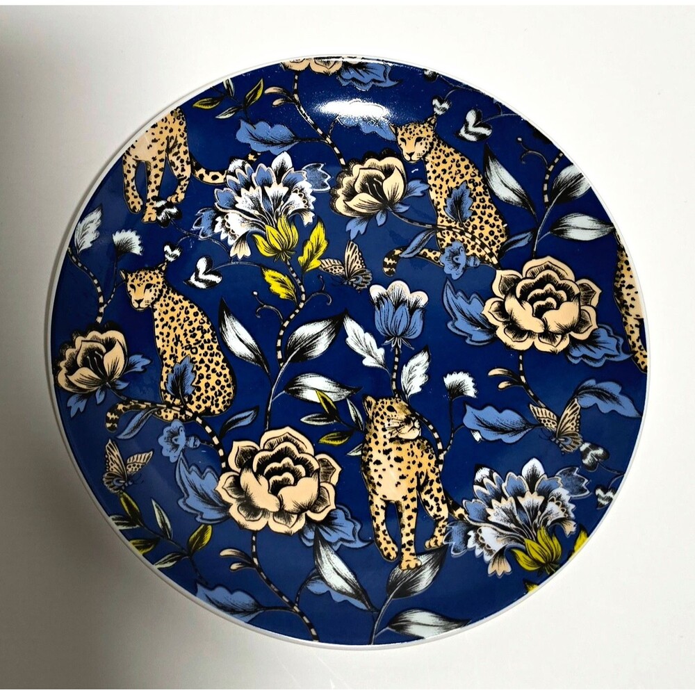 Eaton Fine Dining 8" Blue  Leopard Floral Decorative Ceramic Plate Shiny